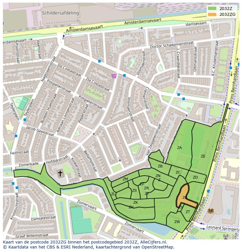 Afbeelding van het postcodegebied 2032 ZG op de kaart.