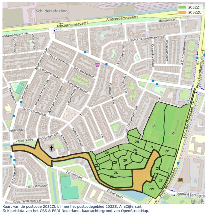Afbeelding van het postcodegebied 2032 ZL op de kaart.