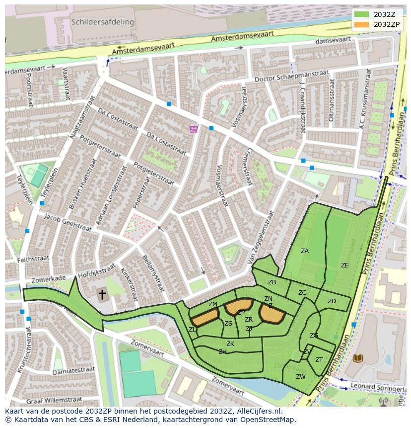 Afbeelding van het postcodegebied 2032 ZP op de kaart.