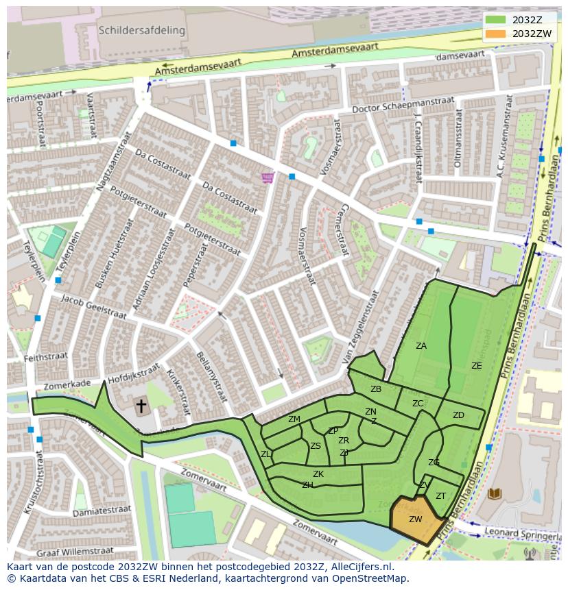 Afbeelding van het postcodegebied 2032 ZW op de kaart.