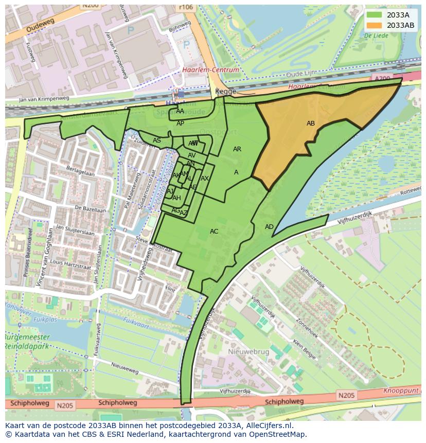 Afbeelding van het postcodegebied 2033 AB op de kaart.