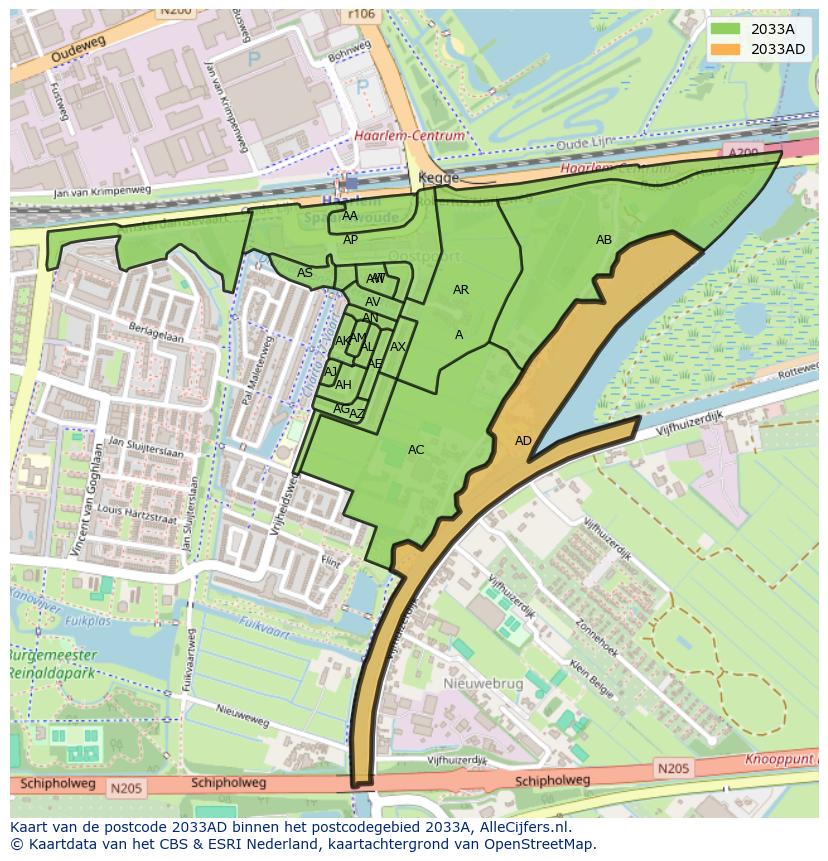 Afbeelding van het postcodegebied 2033 AD op de kaart.