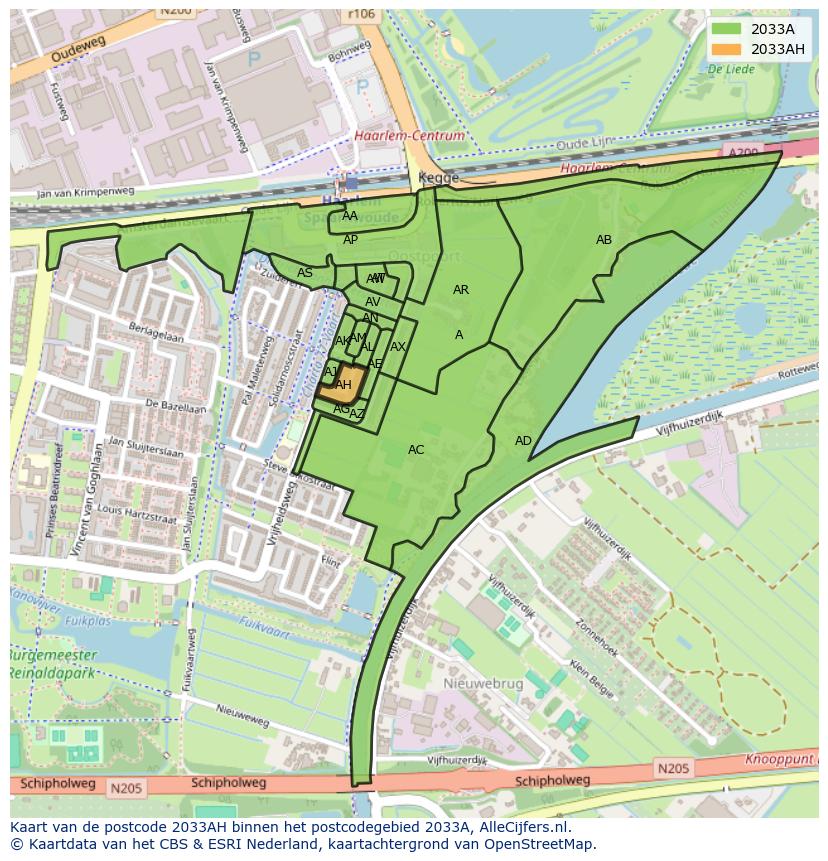 Afbeelding van het postcodegebied 2033 AH op de kaart.