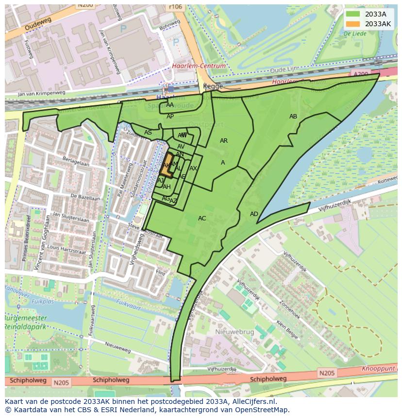 Afbeelding van het postcodegebied 2033 AK op de kaart.