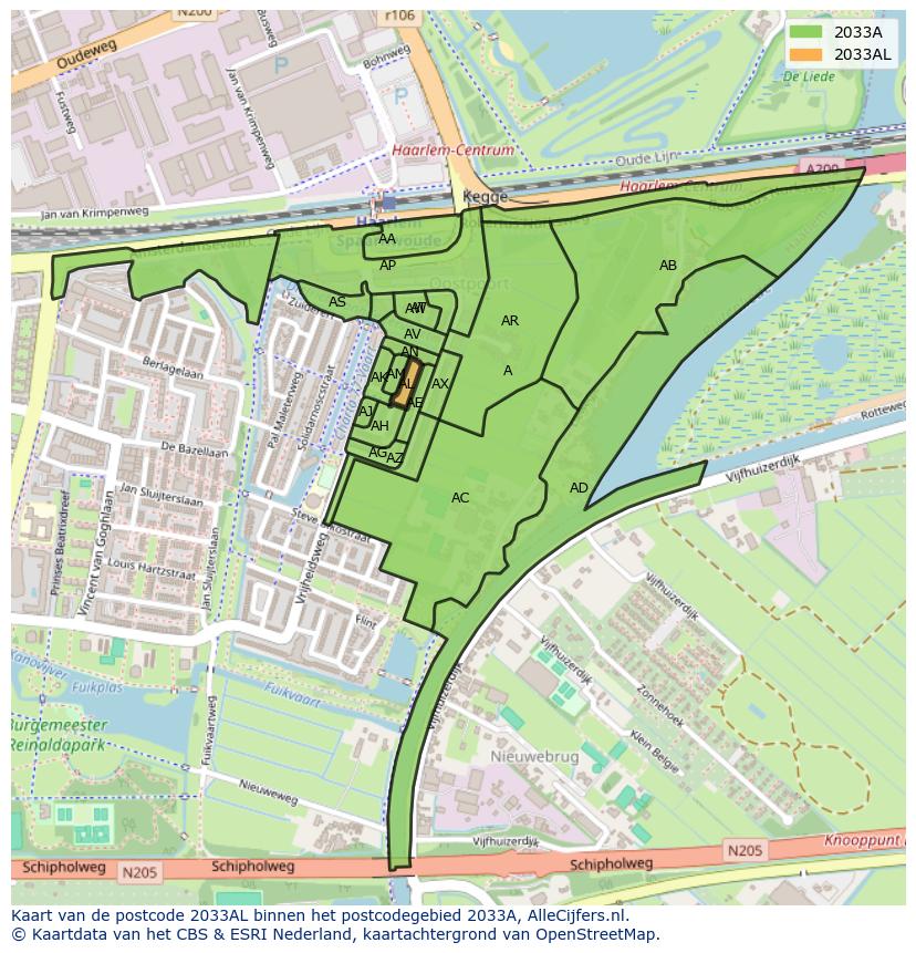 Afbeelding van het postcodegebied 2033 AL op de kaart.