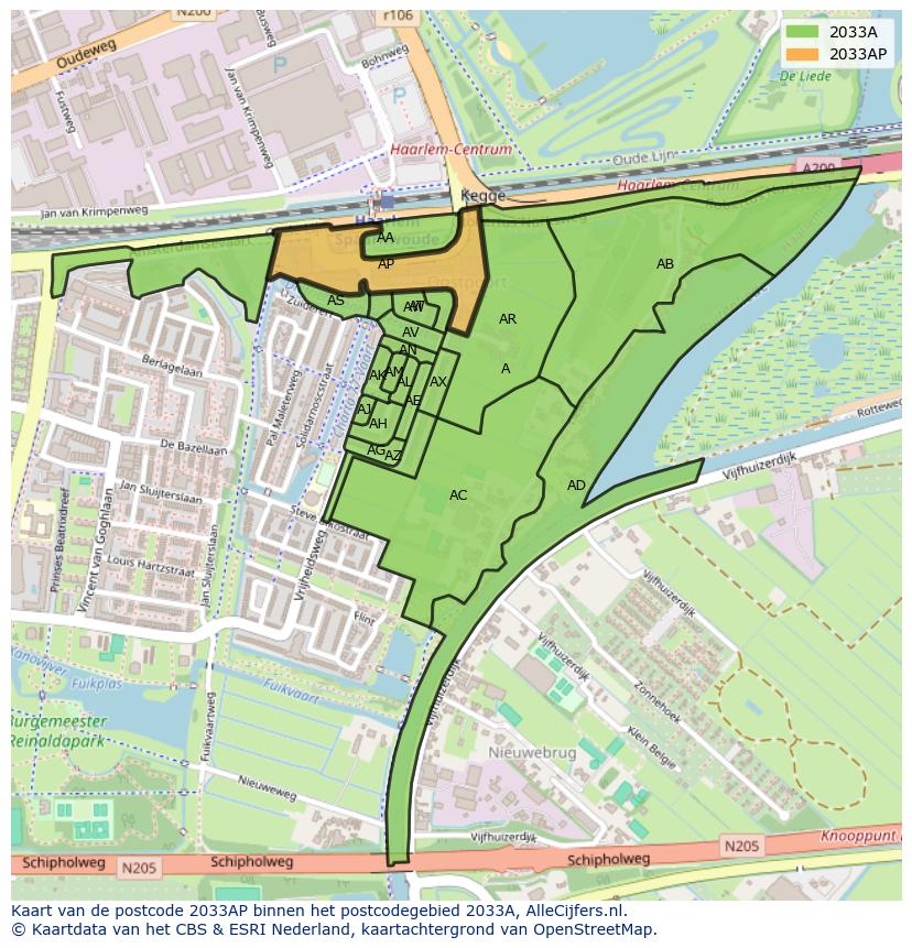 Afbeelding van het postcodegebied 2033 AP op de kaart.