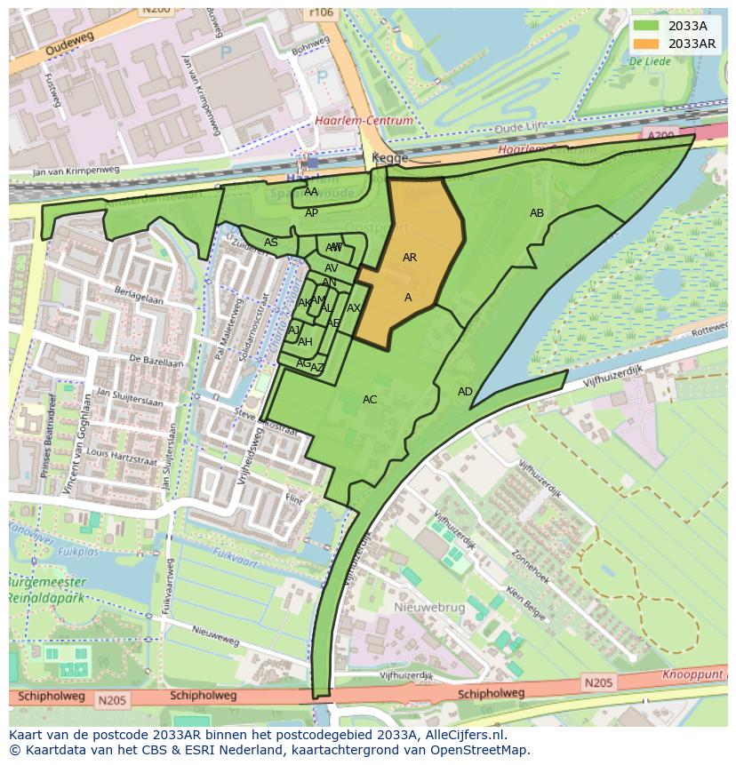 Afbeelding van het postcodegebied 2033 AR op de kaart.