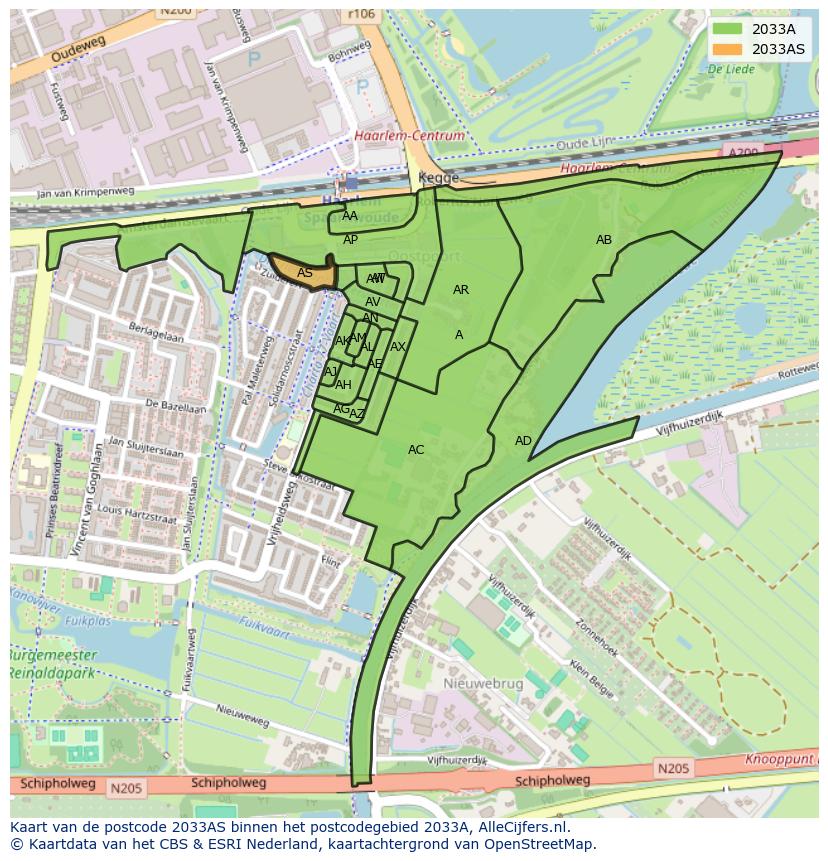 Afbeelding van het postcodegebied 2033 AS op de kaart.