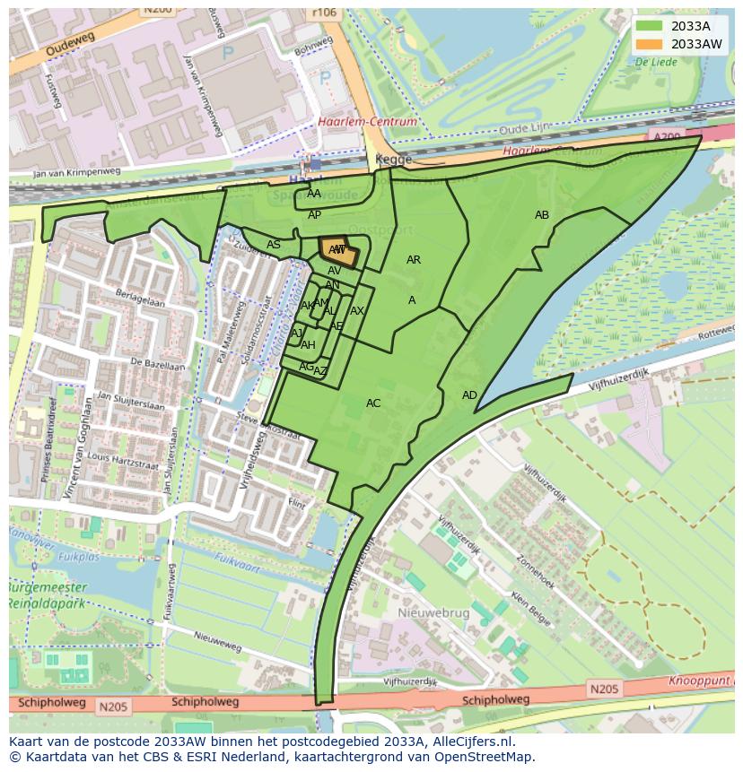 Afbeelding van het postcodegebied 2033 AW op de kaart.