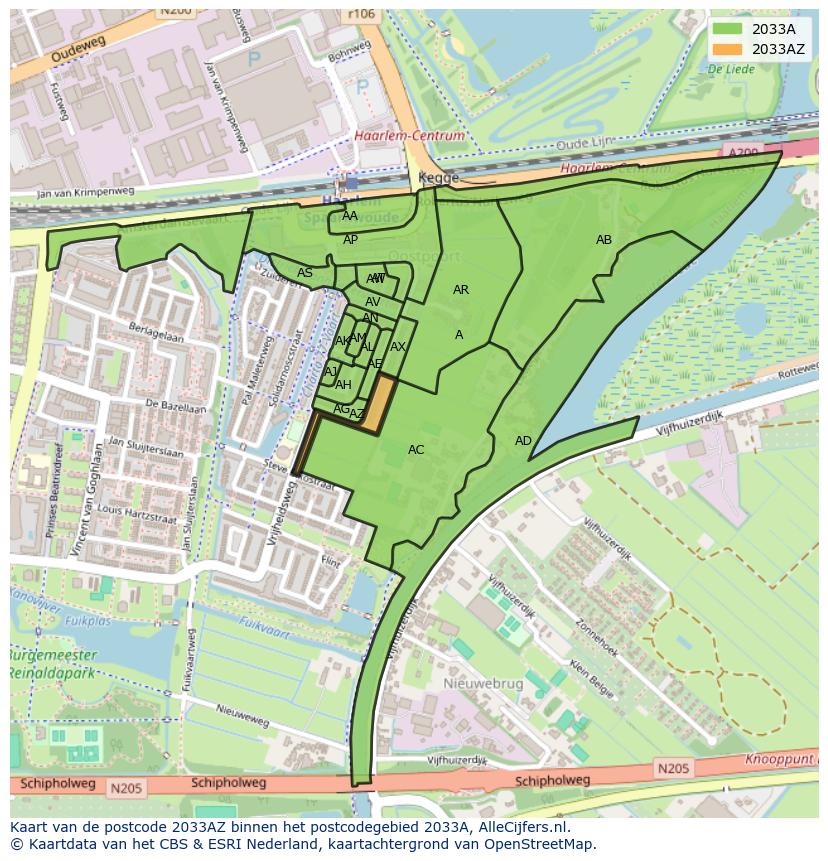 Afbeelding van het postcodegebied 2033 AZ op de kaart.