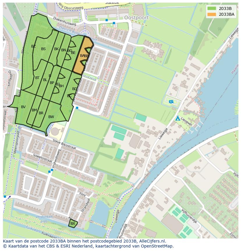 Afbeelding van het postcodegebied 2033 BA op de kaart.