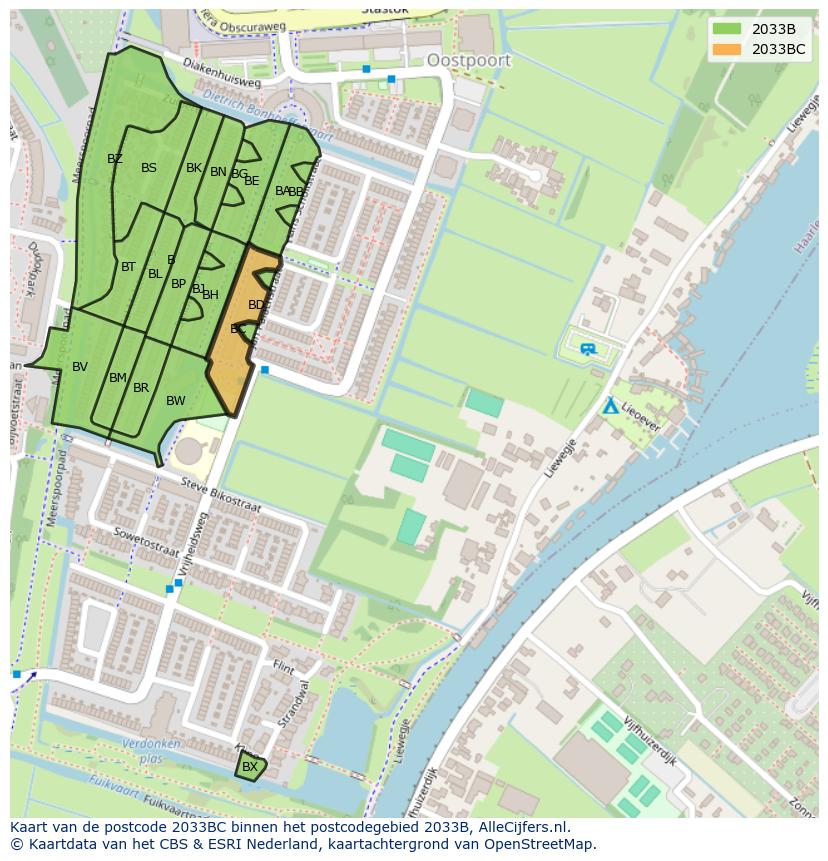 Afbeelding van het postcodegebied 2033 BC op de kaart.