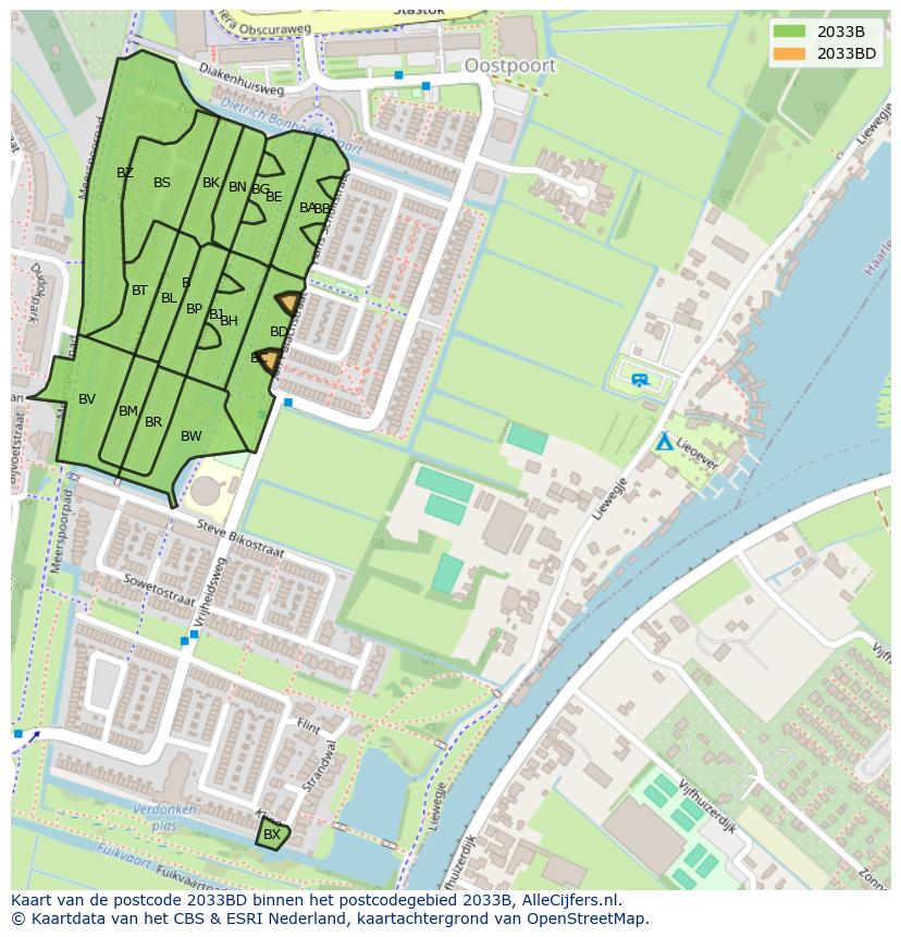 Afbeelding van het postcodegebied 2033 BD op de kaart.