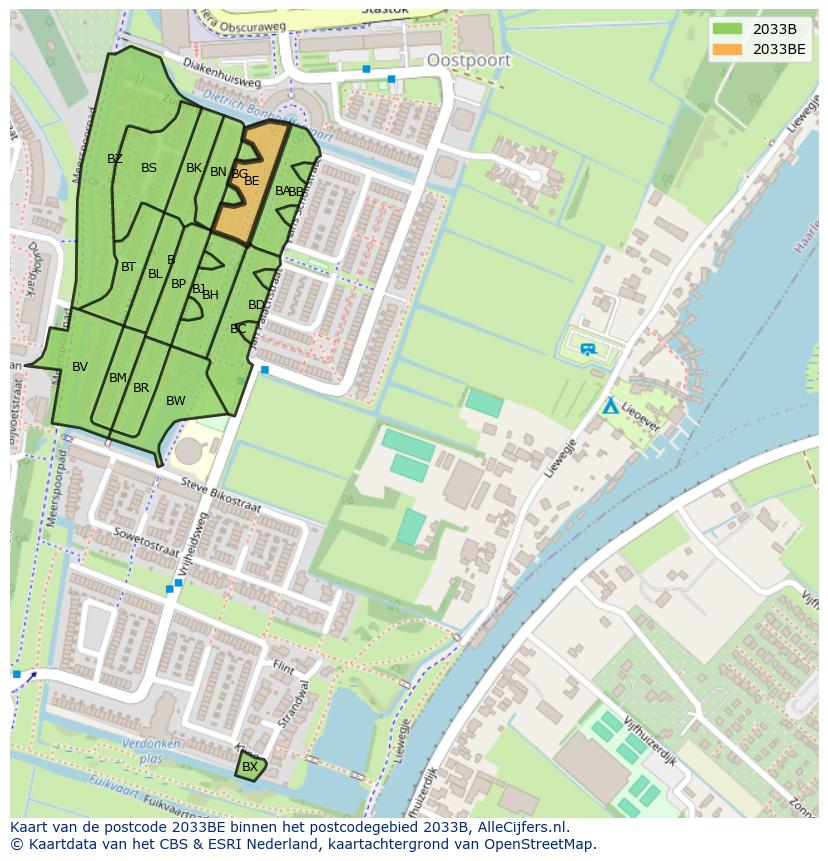 Afbeelding van het postcodegebied 2033 BE op de kaart.