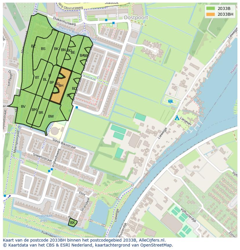 Afbeelding van het postcodegebied 2033 BH op de kaart.
