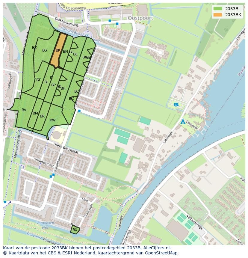 Afbeelding van het postcodegebied 2033 BK op de kaart.