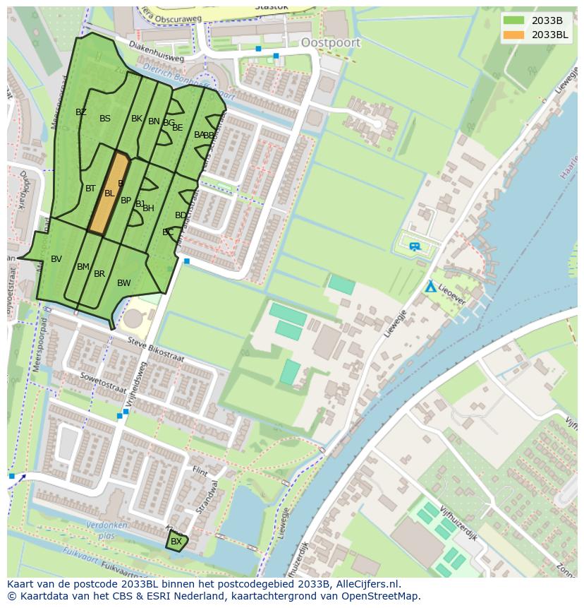 Afbeelding van het postcodegebied 2033 BL op de kaart.