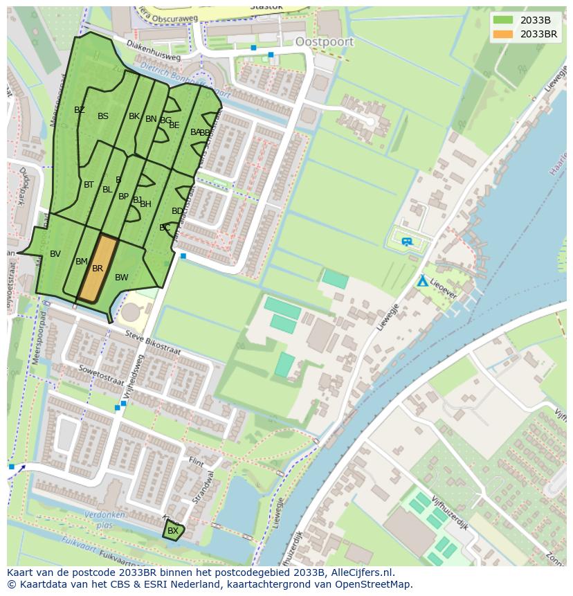 Afbeelding van het postcodegebied 2033 BR op de kaart.