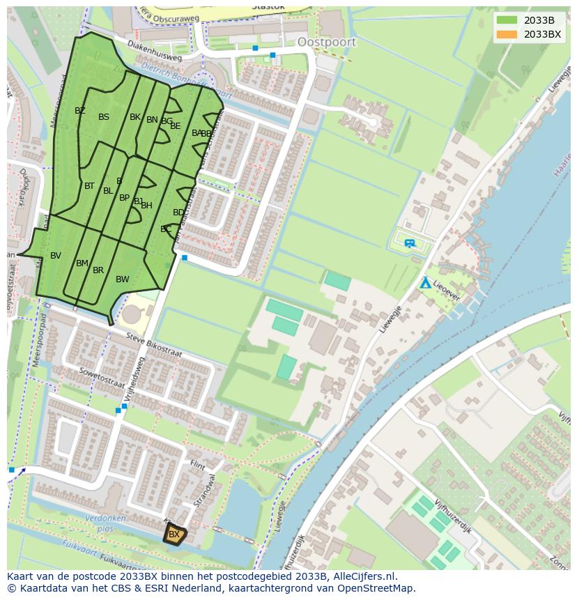 Afbeelding van het postcodegebied 2033 BX op de kaart.