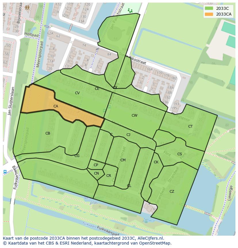Afbeelding van het postcodegebied 2033 CA op de kaart.