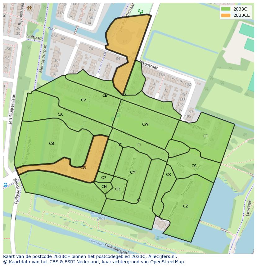 Afbeelding van het postcodegebied 2033 CE op de kaart.