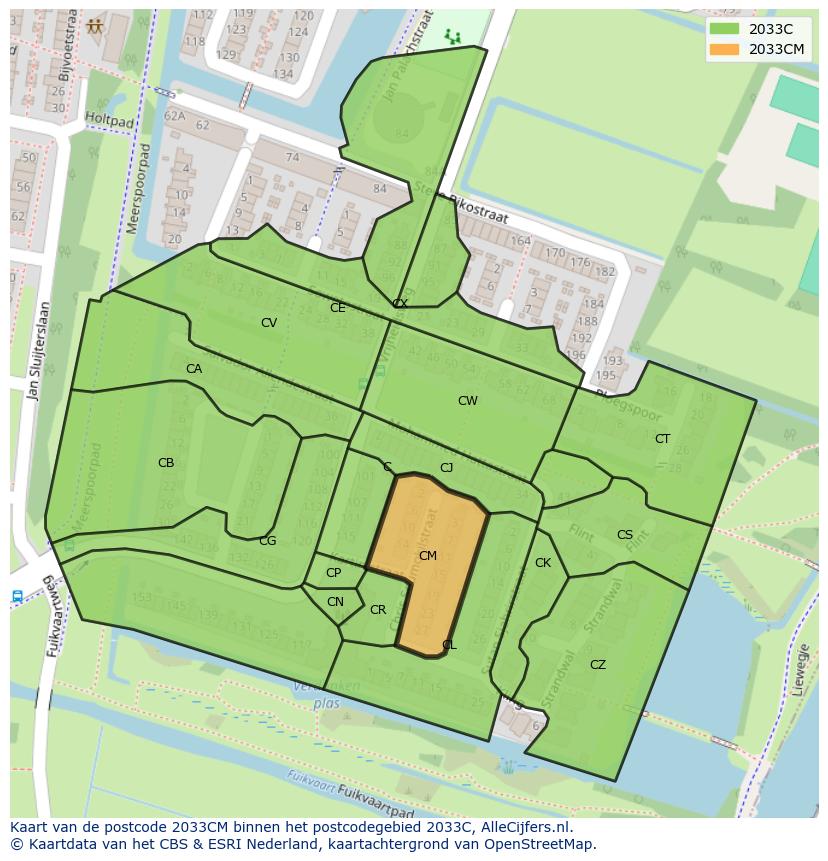 Afbeelding van het postcodegebied 2033 CM op de kaart.