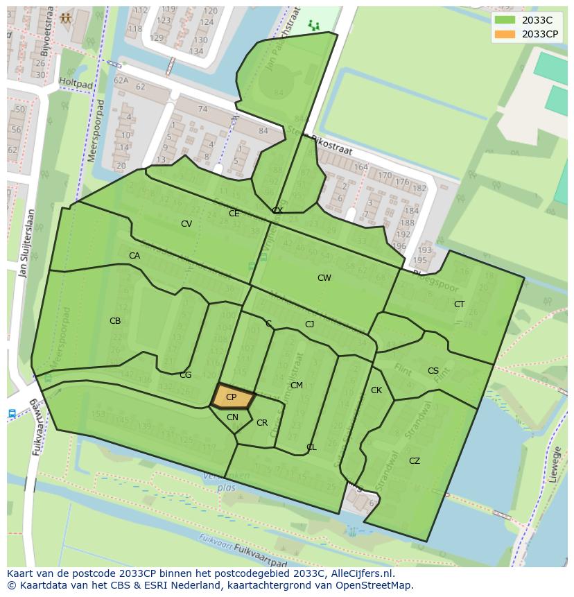 Afbeelding van het postcodegebied 2033 CP op de kaart.