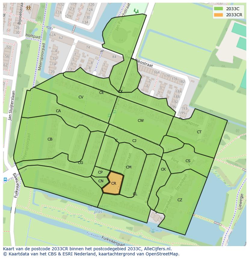 Afbeelding van het postcodegebied 2033 CR op de kaart.