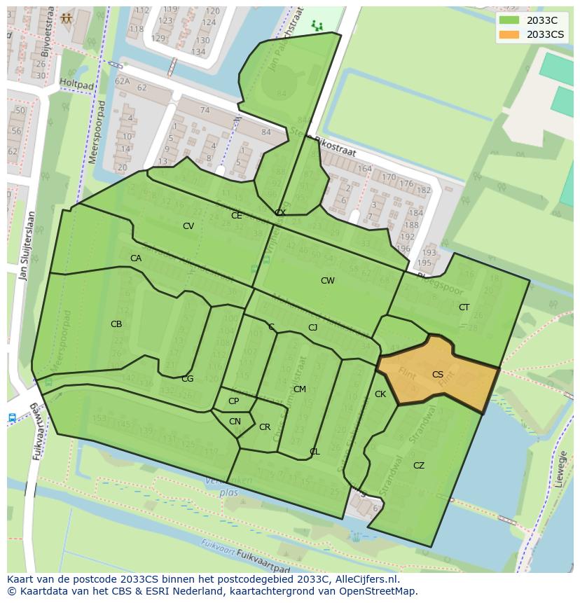 Afbeelding van het postcodegebied 2033 CS op de kaart.