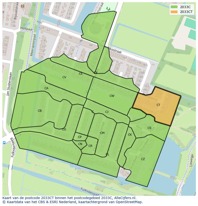 Afbeelding van het postcodegebied 2033 CT op de kaart.