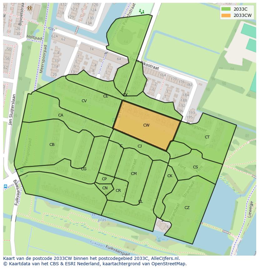 Afbeelding van het postcodegebied 2033 CW op de kaart.
