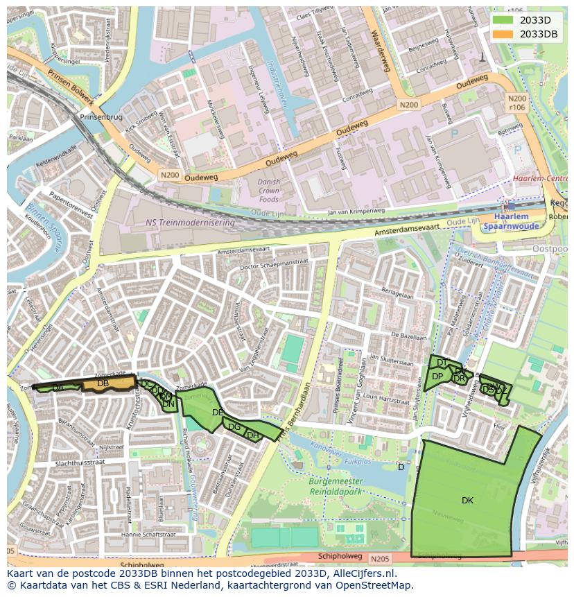 Afbeelding van het postcodegebied 2033 DB op de kaart.