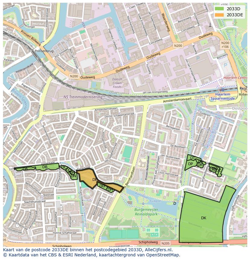 Afbeelding van het postcodegebied 2033 DE op de kaart.