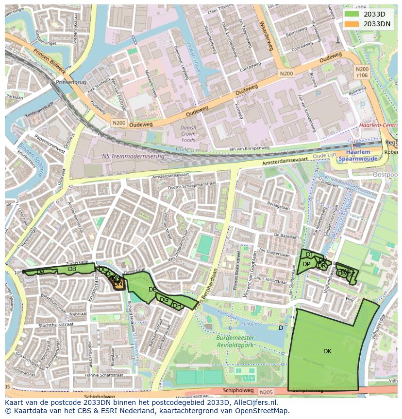 Afbeelding van het postcodegebied 2033 DN op de kaart.