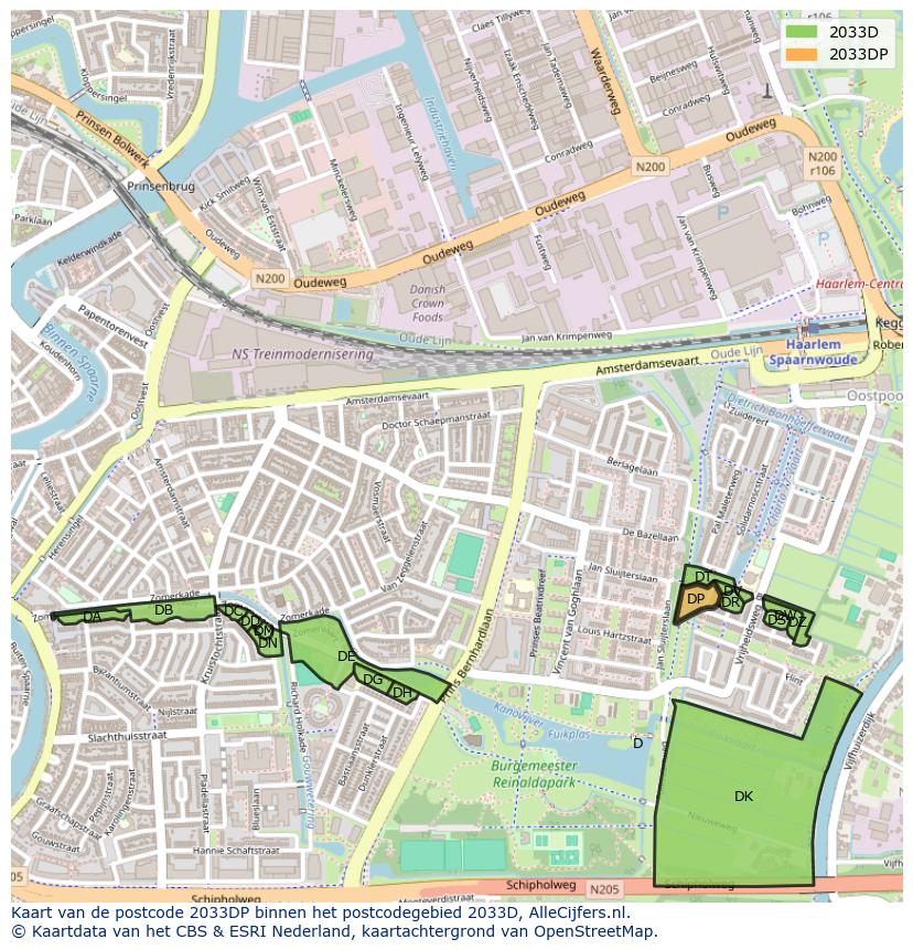 Afbeelding van het postcodegebied 2033 DP op de kaart.