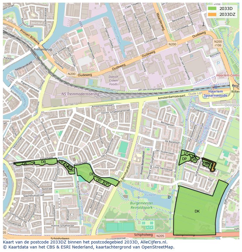 Afbeelding van het postcodegebied 2033 DZ op de kaart.