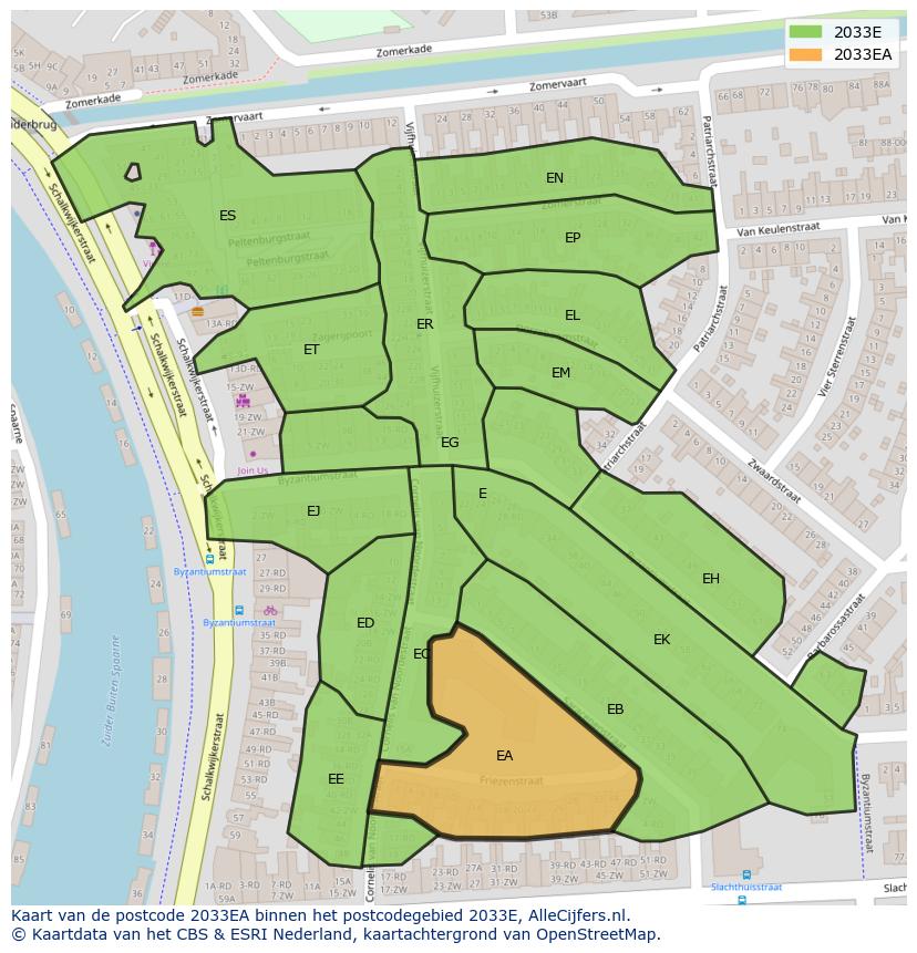 Afbeelding van het postcodegebied 2033 EA op de kaart.