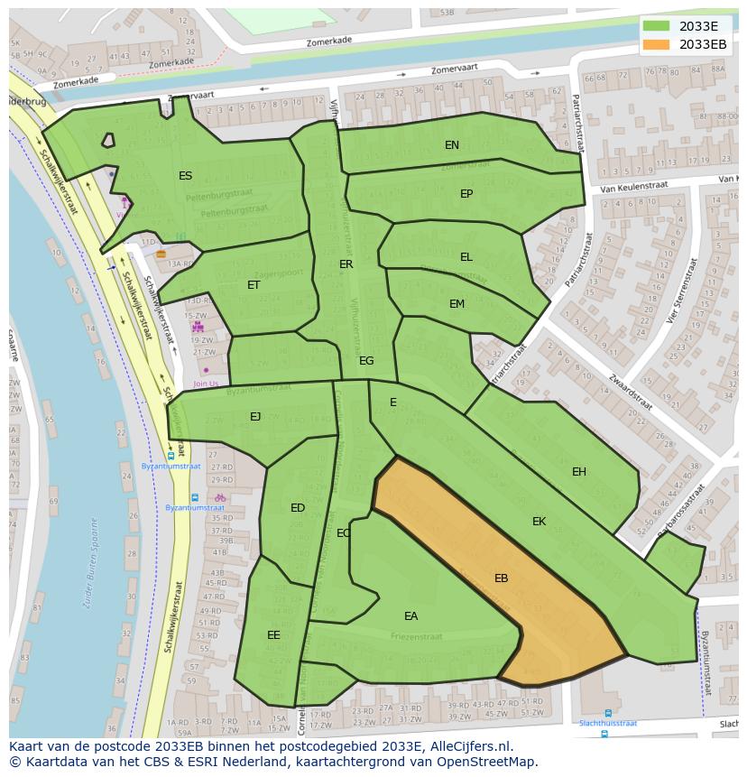 Afbeelding van het postcodegebied 2033 EB op de kaart.