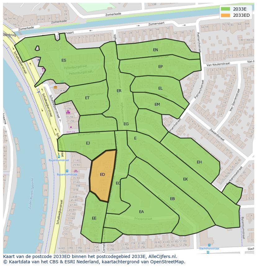 Afbeelding van het postcodegebied 2033 ED op de kaart.
