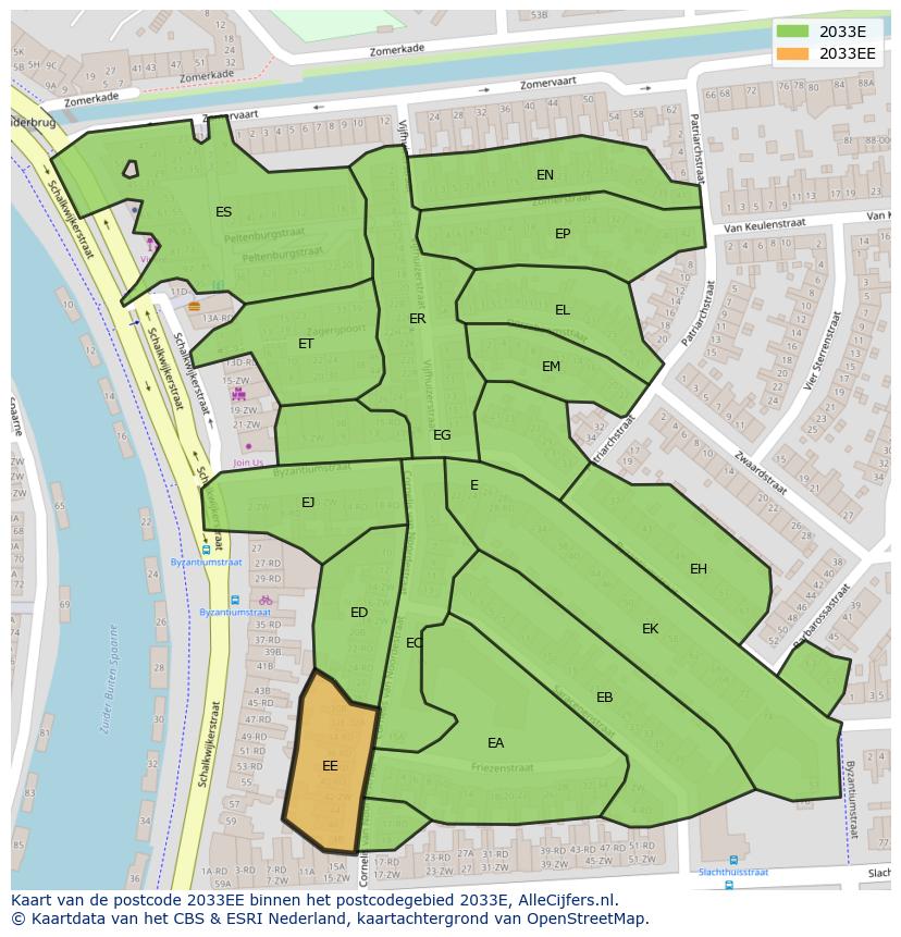 Afbeelding van het postcodegebied 2033 EE op de kaart.
