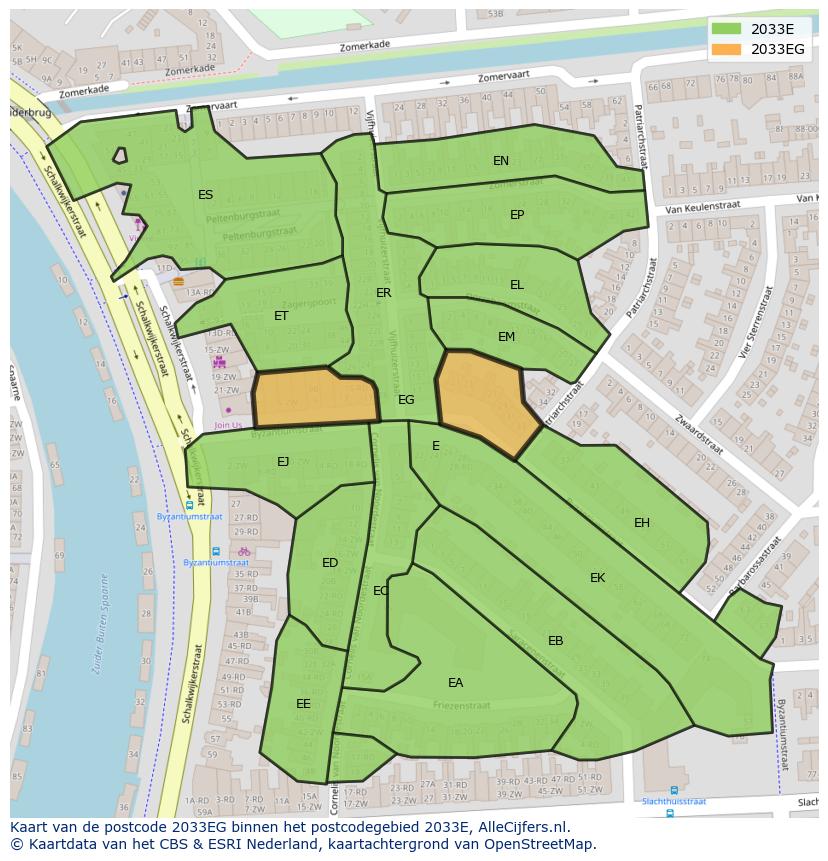 Afbeelding van het postcodegebied 2033 EG op de kaart.