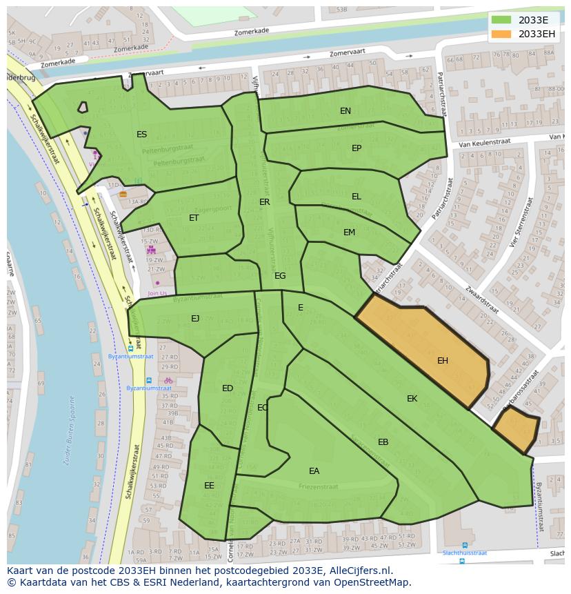 Afbeelding van het postcodegebied 2033 EH op de kaart.