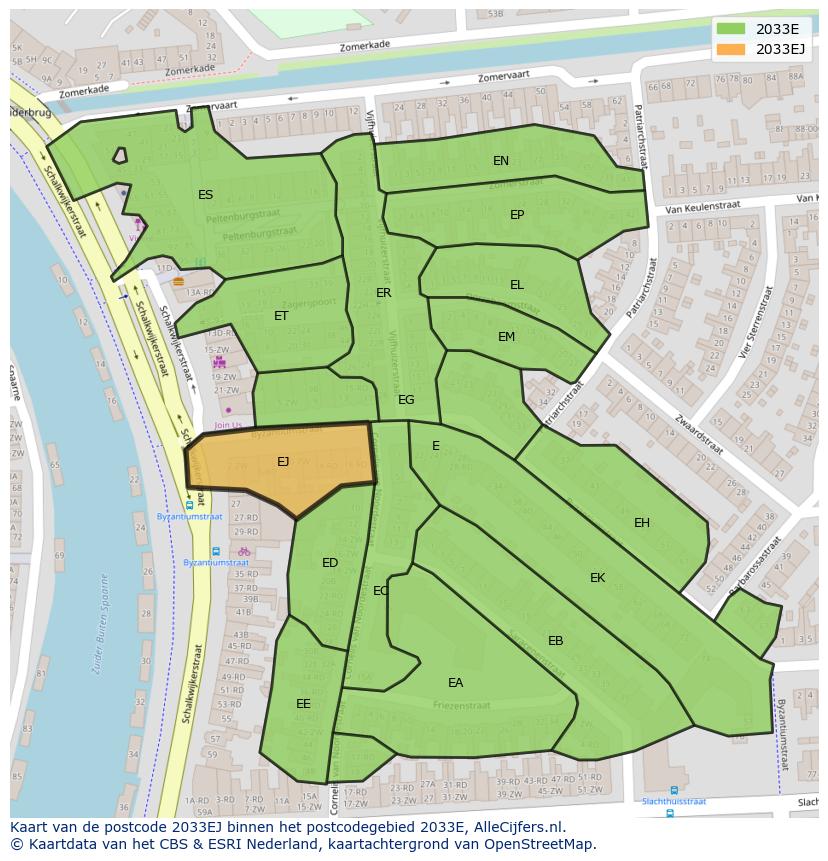 Afbeelding van het postcodegebied 2033 EJ op de kaart.