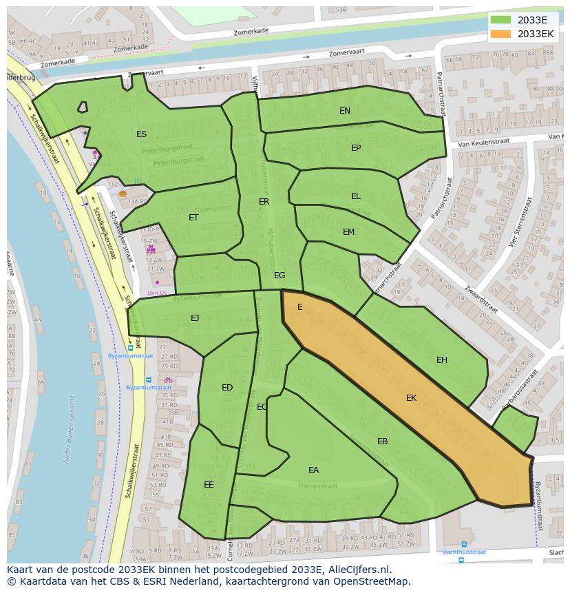 Afbeelding van het postcodegebied 2033 EK op de kaart.