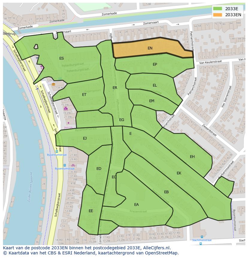 Afbeelding van het postcodegebied 2033 EN op de kaart.
