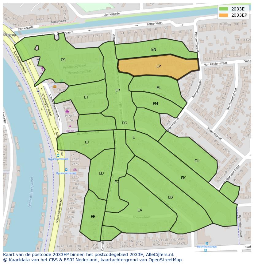 Afbeelding van het postcodegebied 2033 EP op de kaart.