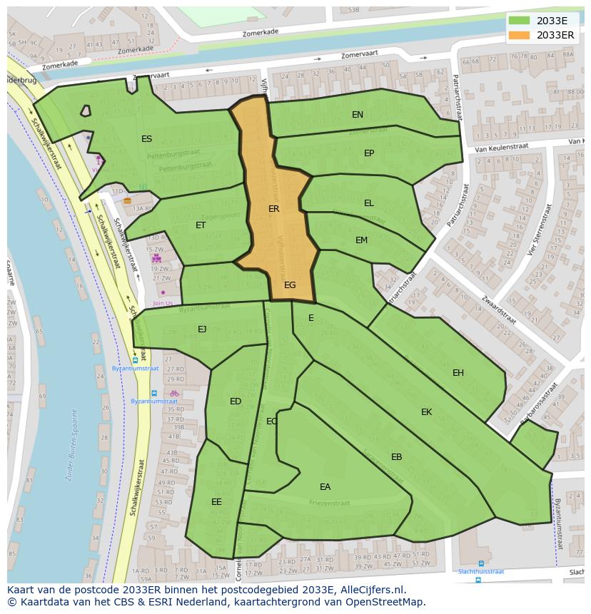Afbeelding van het postcodegebied 2033 ER op de kaart.