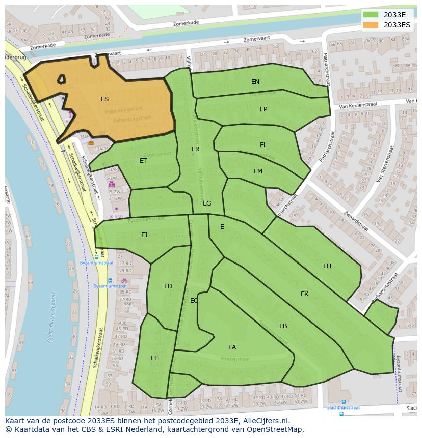 Afbeelding van het postcodegebied 2033 ES op de kaart.