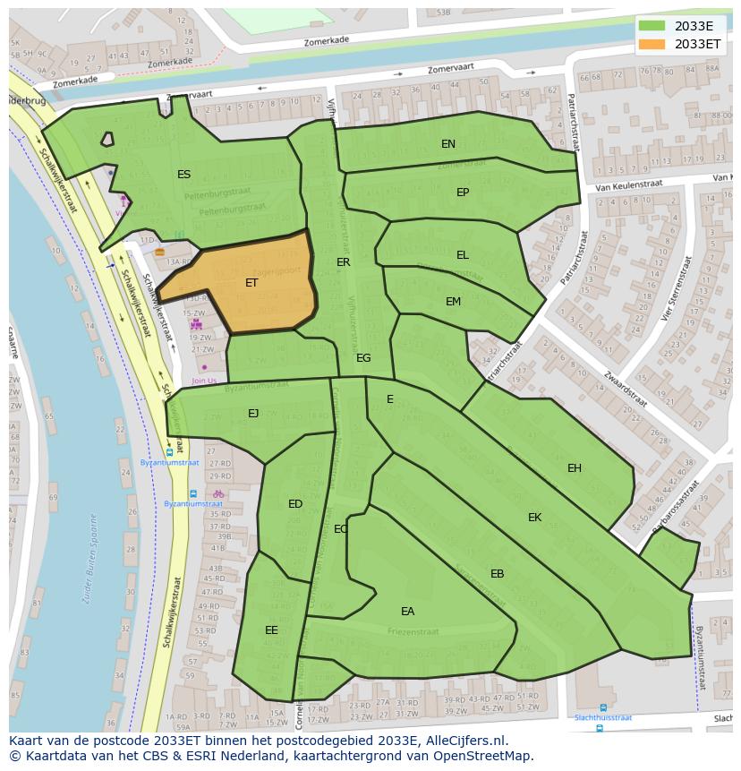 Afbeelding van het postcodegebied 2033 ET op de kaart.