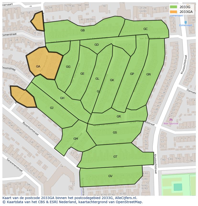 Afbeelding van het postcodegebied 2033 GA op de kaart.